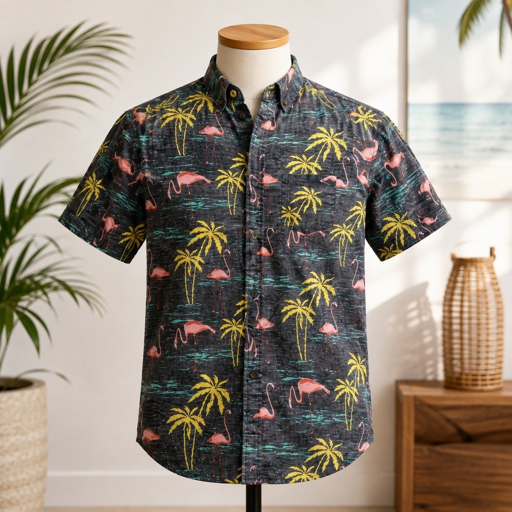 Straight Faded Flamingo Palm Tree Shirt Mens Size Small Gray Tropical Button Up